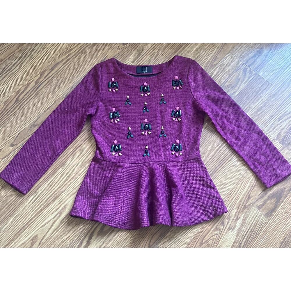 CorpCore Anthropologie Dolce Vita Burgundy Beaded Gem Drop Peplum Sweater S